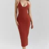 Ria Terracotta Stretch Cotton Fitted Midi Dress Ria Terracotta Stretch Cotton Fitted Midi Dress
