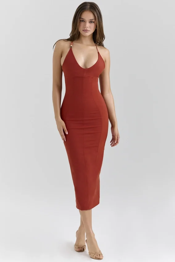 Ria Terracotta Stretch Cotton Fitted Midi Dress Ria Terracotta Stretch Cotton Fitted Midi Dress