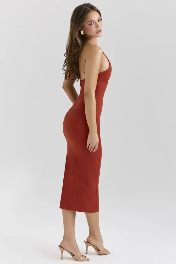 Ria Terracotta Stretch Cotton Fitted Midi Dress Ria Terracotta Stretch Cotton Fitted Midi Dress