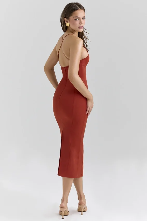 Ria Terracotta Stretch Cotton Fitted Midi Dress Ria Terracotta Stretch Cotton Fitted Midi Dress