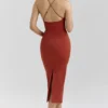 Ria Terracotta Stretch Cotton Fitted Midi Dress Ria Terracotta Stretch Cotton Fitted Midi Dress