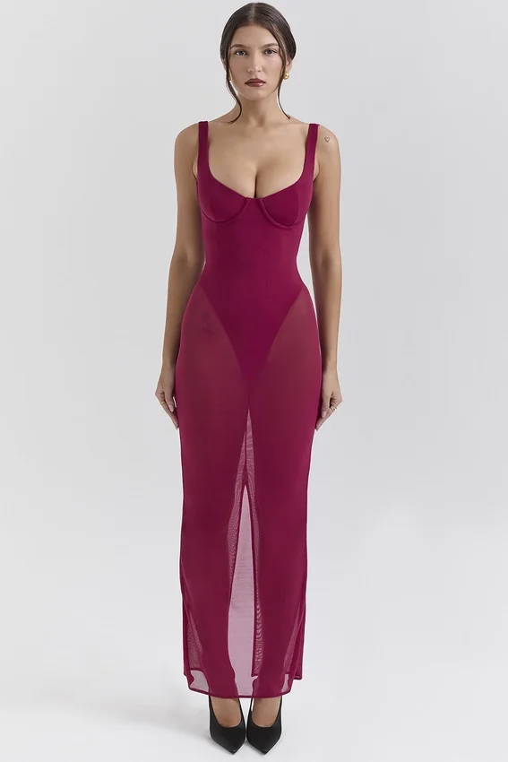 Robina Wine Stretch Mesh Maxi Dress Robina Wine Stretch Mesh Maxi Dress