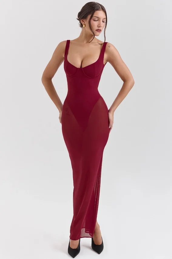Robina Wine Stretch Mesh Maxi Dress Robina Wine Stretch Mesh Maxi Dress