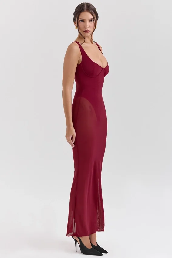 Robina Wine Stretch Mesh Maxi Dress Robina Wine Stretch Mesh Maxi Dress