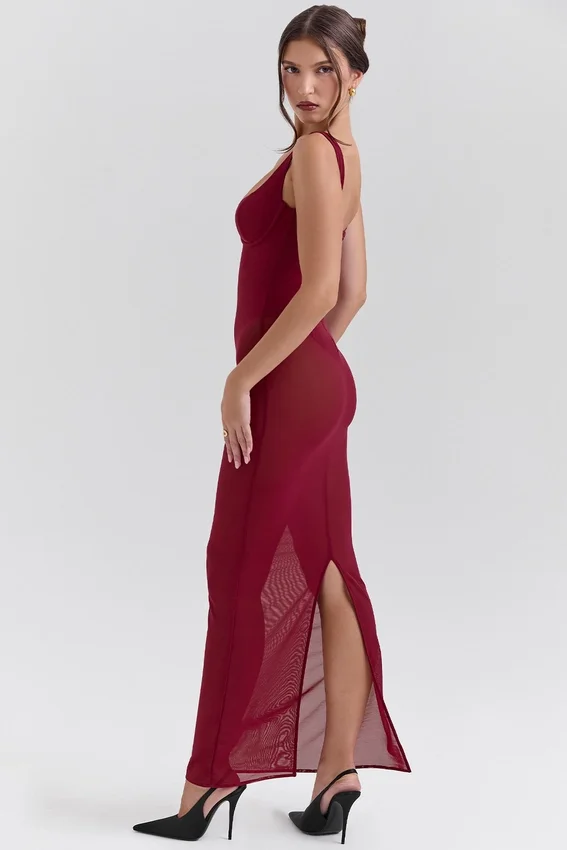 Robina Wine Stretch Mesh Maxi Dress Robina Wine Stretch Mesh Maxi Dress