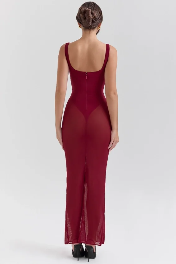 Robina Wine Stretch Mesh Maxi Dress Robina Wine Stretch Mesh Maxi Dress