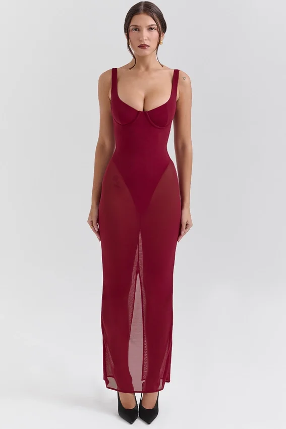 Robina Wine Stretch Mesh Maxi Dress Robina Wine Stretch Mesh Maxi Dress