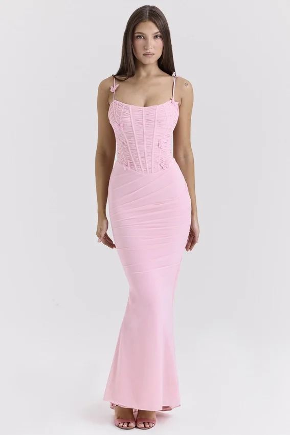 Romola Pink Stretch Mesh Butterfly Maxi Dress Romola Pink Stretch Mesh Butterfly Maxi Dress