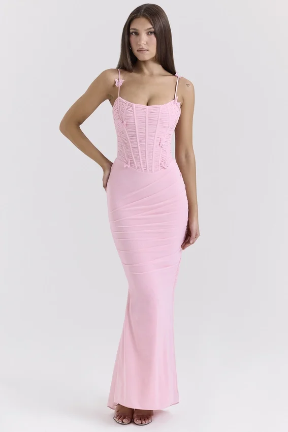 Romola Pink Stretch Mesh Butterfly Maxi Dress Romola Pink Stretch Mesh Butterfly Maxi Dress