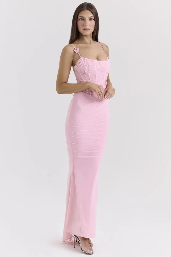 Romola Pink Stretch Mesh Butterfly Maxi Dress Romola Pink Stretch Mesh Butterfly Maxi Dress