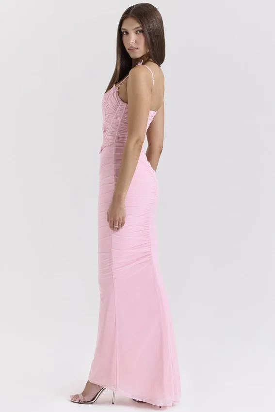 Romola Pink Stretch Mesh Butterfly Maxi Dress Romola Pink Stretch Mesh Butterfly Maxi Dress