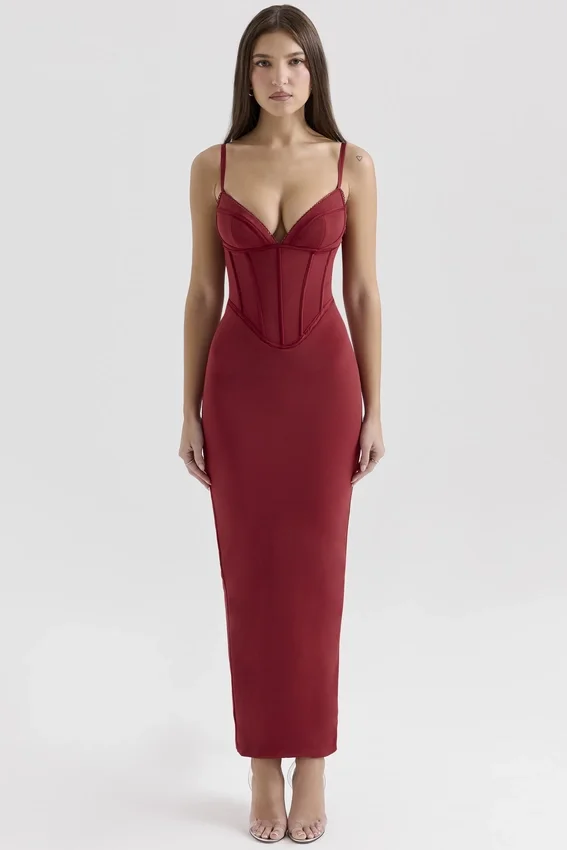 Romy Wine Mesh Bodycon Maxi Dress Romy Wine Mesh Bodycon Maxi Dress