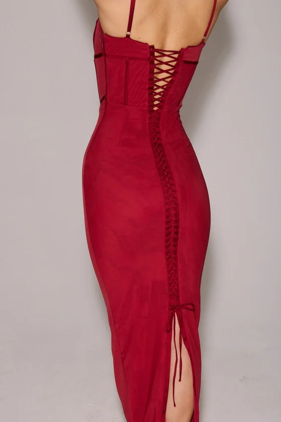 Romy Wine Mesh Bodycon Maxi Dress Romy Wine Mesh Bodycon Maxi Dress