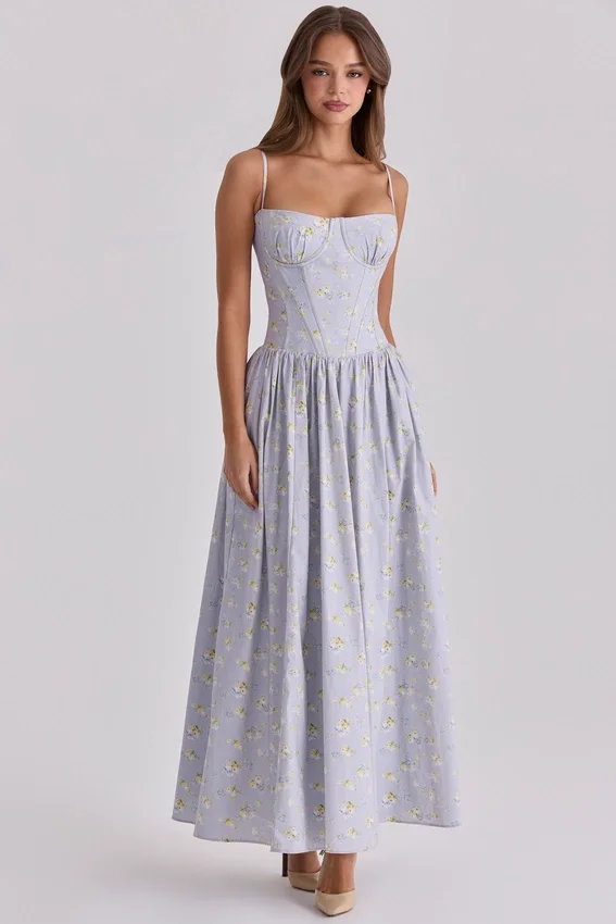 Rona Blue Wildflower Print Cotton Lace Up Maxi Dress Rona Blue Wildflower Print Cotton Lace Up Maxi Dress