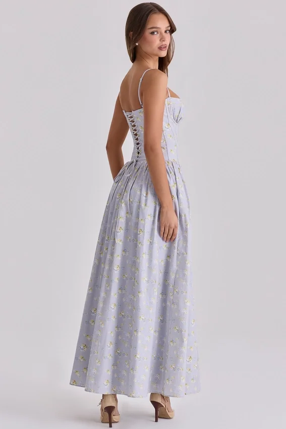 Rona Blue Wildflower Print Cotton Lace Up Maxi Dress Rona Blue Wildflower Print Cotton Lace Up Maxi Dress
