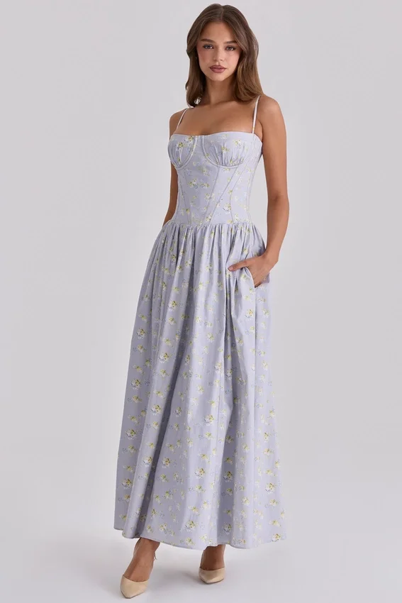 Rona Blue Wildflower Print Cotton Lace Up Maxi Dress Rona Blue Wildflower Print Cotton Lace Up Maxi Dress