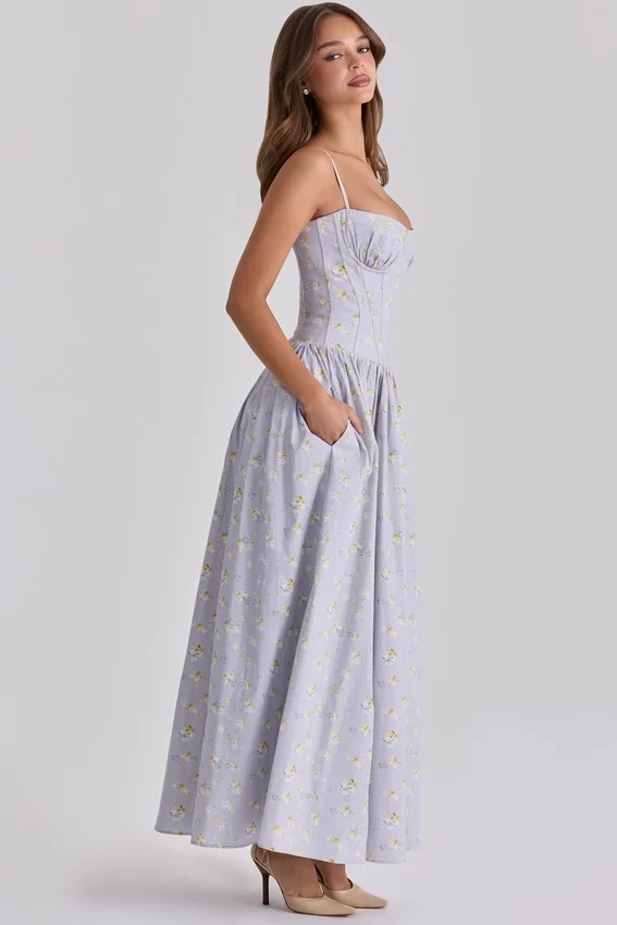 Rona Blue Wildflower Print Cotton Lace Up Maxi Dress Rona Blue Wildflower Print Cotton Lace Up Maxi Dress