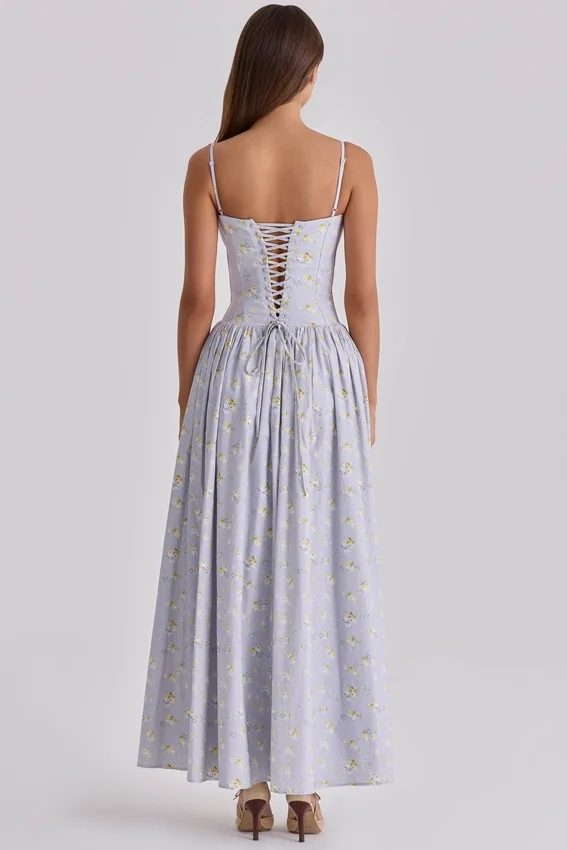 Rona Blue Wildflower Print Cotton Lace Up Maxi Dress Rona Blue Wildflower Print Cotton Lace Up Maxi Dress