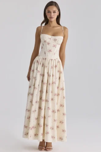 Rona Ivory Vintage Rose Print Cotton Maxi Dress