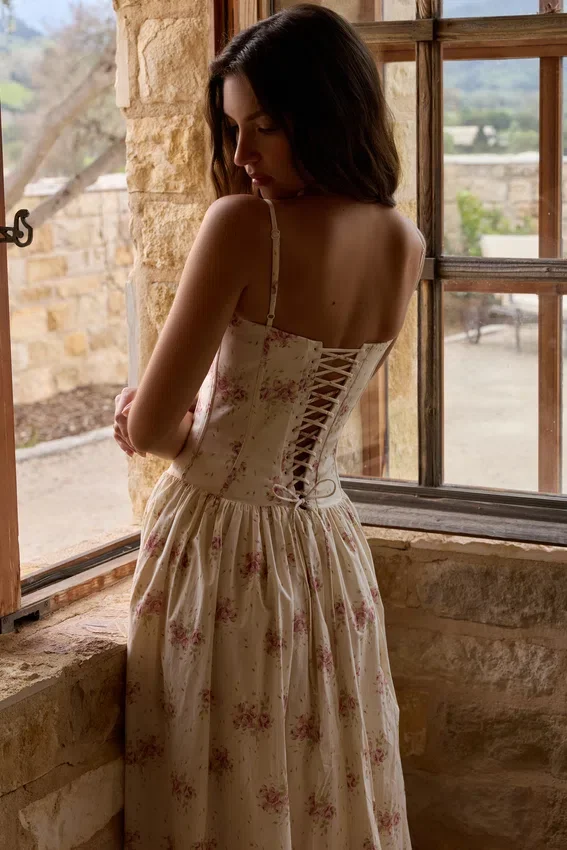 Rona Ivory Vintage Rose Print Cotton Maxi Dress Rona Ivory Vintage Rose Print Cotton Maxi Dress