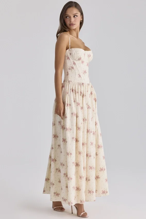 Rona Ivory Vintage Rose Print Cotton Maxi Dress Rona Ivory Vintage Rose Print Cotton Maxi Dress