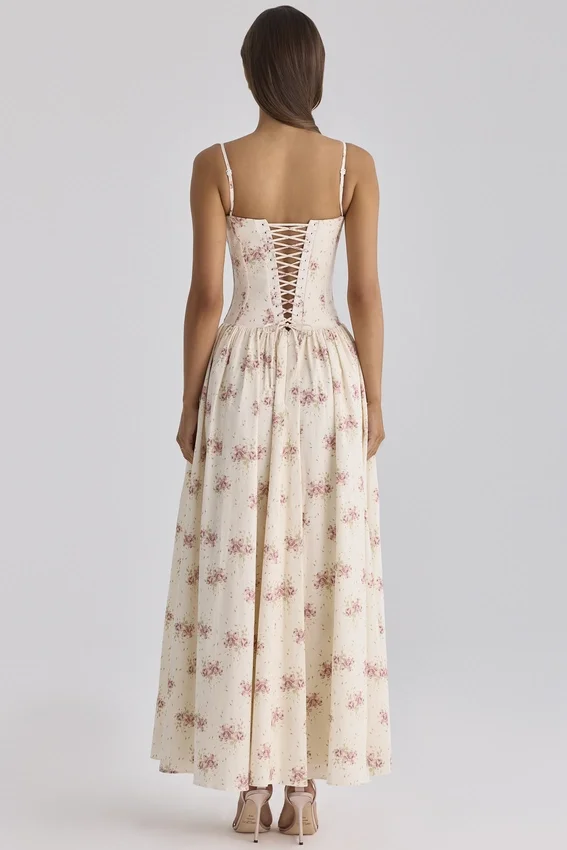 Rona Ivory Vintage Rose Print Cotton Maxi Dress Rona Ivory Vintage Rose Print Cotton Maxi Dress