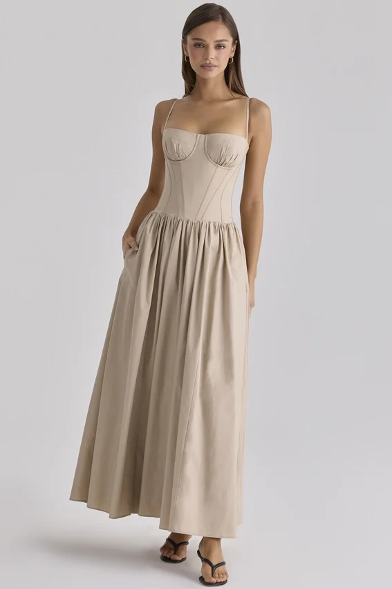 Rona Taupe Cotton Corset Maxi Dress Rona Taupe Cotton Corset Maxi Dress
