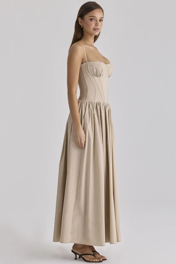Rona Taupe Cotton Corset Maxi Dress Rona Taupe Cotton Corset Maxi Dress
