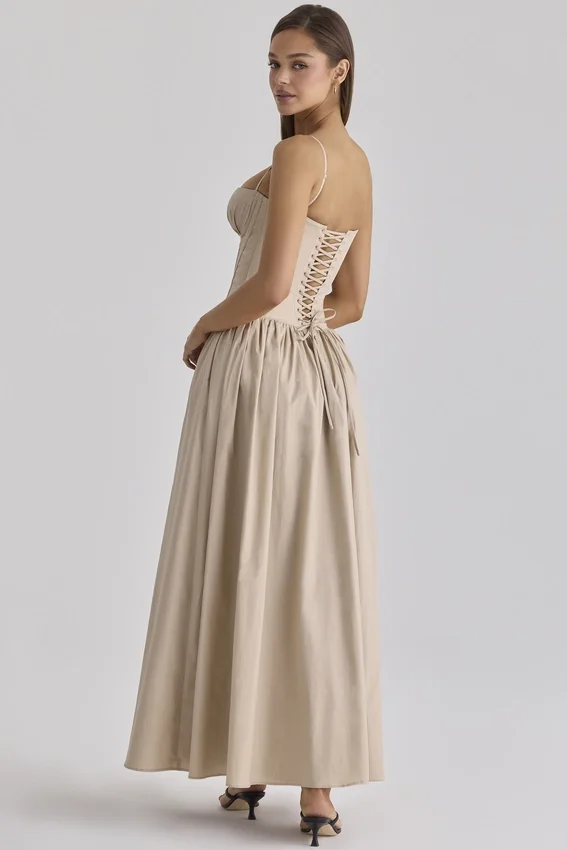 Rona Taupe Cotton Corset Maxi Dress Rona Taupe Cotton Corset Maxi Dress