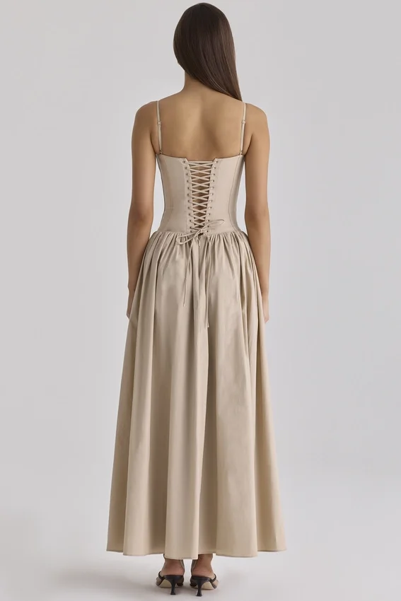 Rona Taupe Cotton Corset Maxi Dress Rona Taupe Cotton Corset Maxi Dress