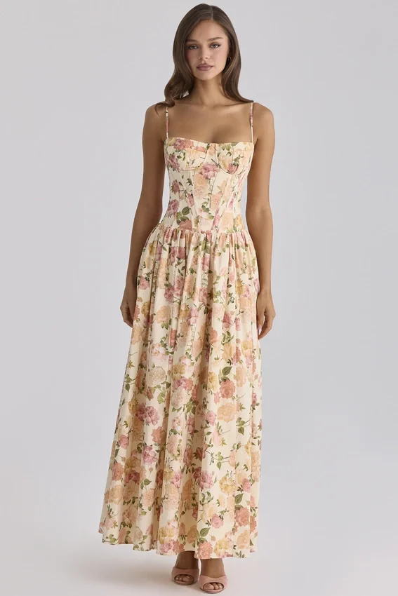 Rona Warm Rose Print Cotton Maxi Dress Rona Warm Rose Print Cotton Maxi Dress