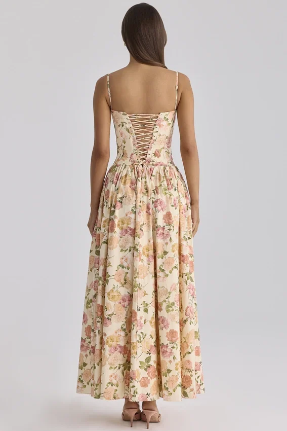 Rona Warm Rose Print Cotton Maxi Dress Rona Warm Rose Print Cotton Maxi Dress