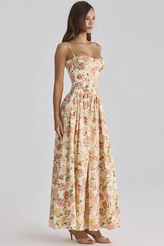 Rona Warm Rose Print Cotton Maxi Dress Rona Warm Rose Print Cotton Maxi Dress