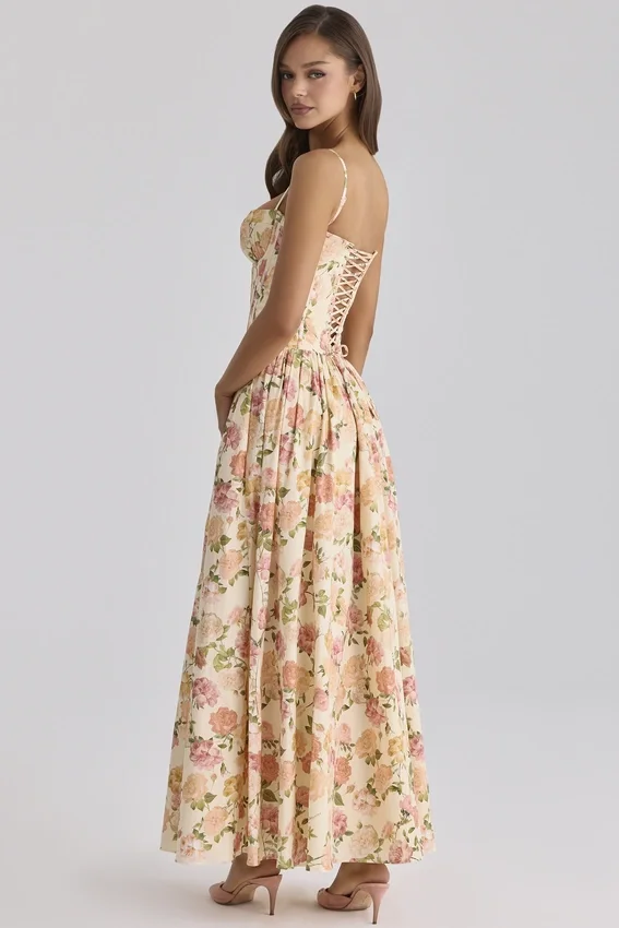 Rona Warm Rose Print Cotton Maxi Dress Rona Warm Rose Print Cotton Maxi Dress