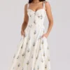 Rosalee Cream Floral Print Cotton Corset Midi Dress Rosalee Cream Floral Print Cotton Corset Midi Dress