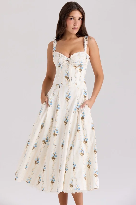 Rosalee Cream Floral Print Cotton Corset Midi Dress Rosalee Cream Floral Print Cotton Corset Midi Dress