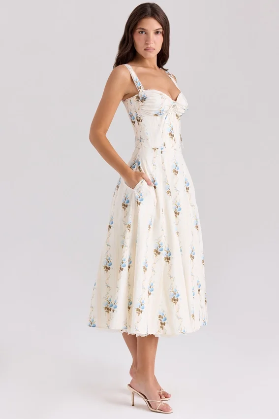Rosalee Cream Floral Print Cotton Corset Midi Dress Rosalee Cream Floral Print Cotton Corset Midi Dress