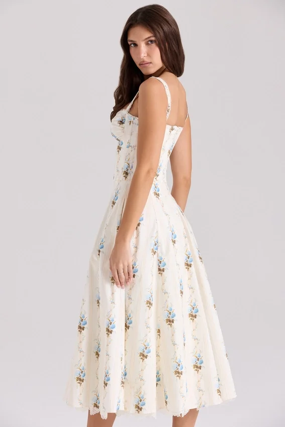 Rosalee Cream Floral Print Cotton Corset Midi Dress Rosalee Cream Floral Print Cotton Corset Midi Dress