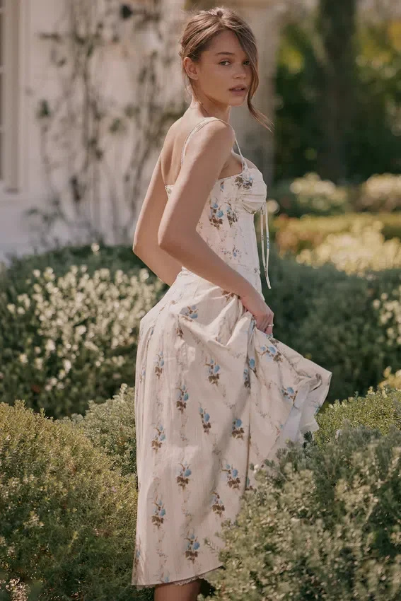 Rosalee Cream Floral Print Cotton Corset Midi Dress Rosalee Cream Floral Print Cotton Corset Midi Dress