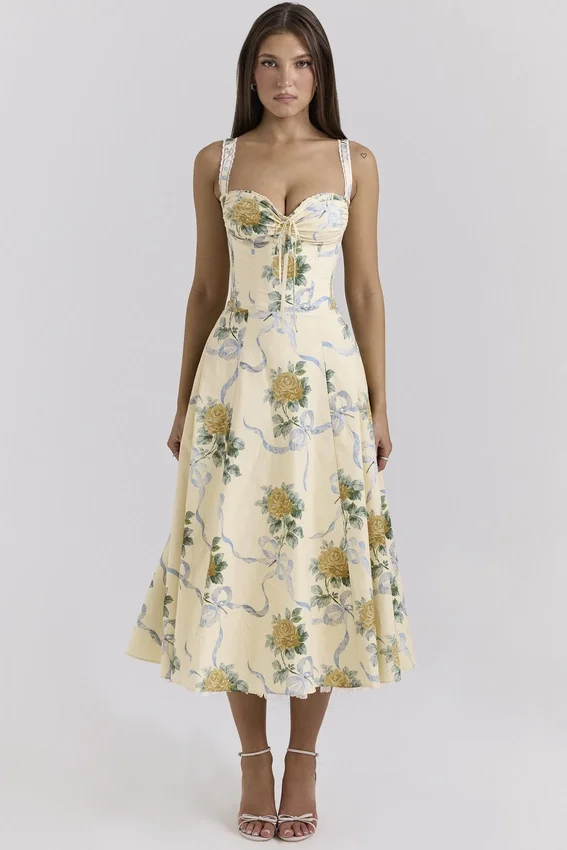 Rosalee Lemon Vintage Ribbon Print Cotton Midi Dress Rosalee Lemon Vintage Ribbon Print Cotton Midi Dress