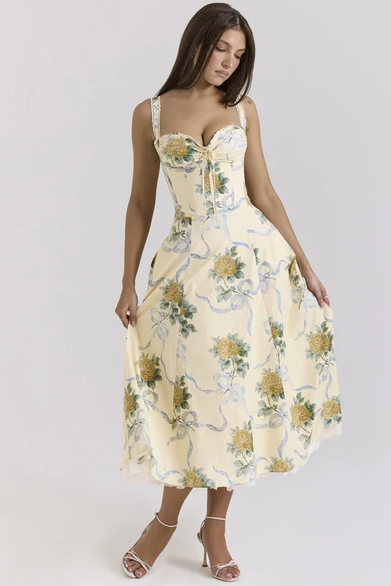 Rosalee Lemon Vintage Ribbon Print Cotton Midi Dress Rosalee Lemon Vintage Ribbon Print Cotton Midi Dress