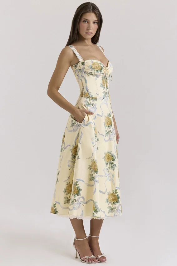 Rosalee Lemon Vintage Ribbon Print Cotton Midi Dress Rosalee Lemon Vintage Ribbon Print Cotton Midi Dress