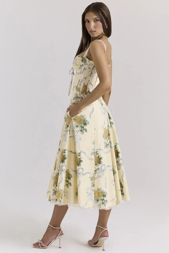 Rosalee Lemon Vintage Ribbon Print Cotton Midi Dress Rosalee Lemon Vintage Ribbon Print Cotton Midi Dress