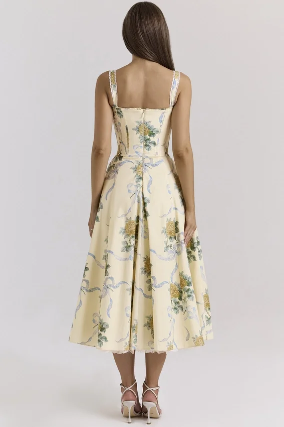 Rosalee Lemon Vintage Ribbon Print Cotton Midi Dress Rosalee Lemon Vintage Ribbon Print Cotton Midi Dress