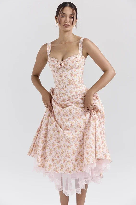 Rosalee Peach Poppy Print Cotton Bustier Sundress Rosalee Peach Poppy Print Cotton Bustier Sundress
