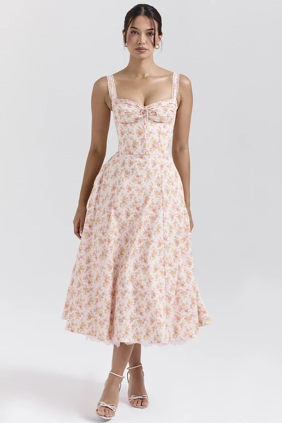 Rosalee Peach Poppy Print Cotton Bustier Sundress Rosalee Peach Poppy Print Cotton Bustier Sundress