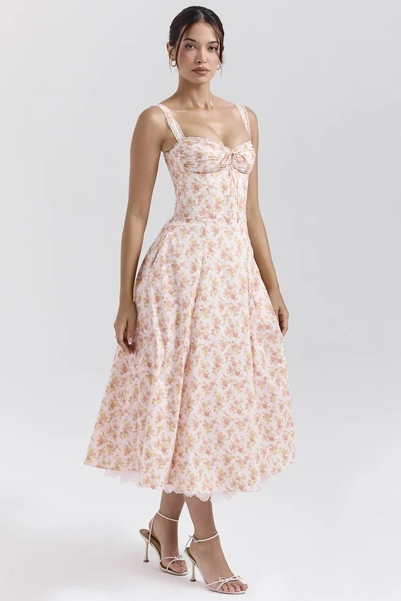 Rosalee Peach Poppy Print Cotton Bustier Sundress Rosalee Peach Poppy Print Cotton Bustier Sundress