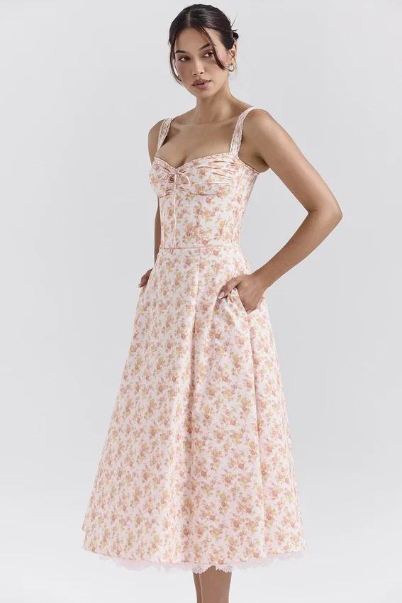 Rosalee Peach Poppy Print Cotton Bustier Sundress Rosalee Peach Poppy Print Cotton Bustier Sundress
