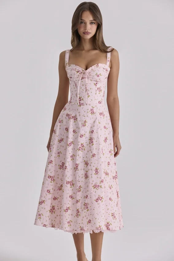 Rosalee Vintage Rose Pink Floral Print Midi Dress Rosalee Vintage Rose Pink Floral Print Midi Dress