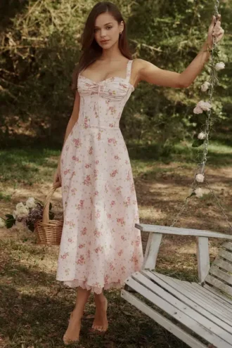 Rosalee Vintage Rose Pink Floral Print Midi Dress